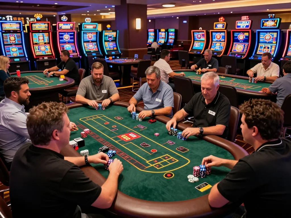 Players enjoying a lively blackjack game at DN88 casino, with chips stacked and excitement in the air.