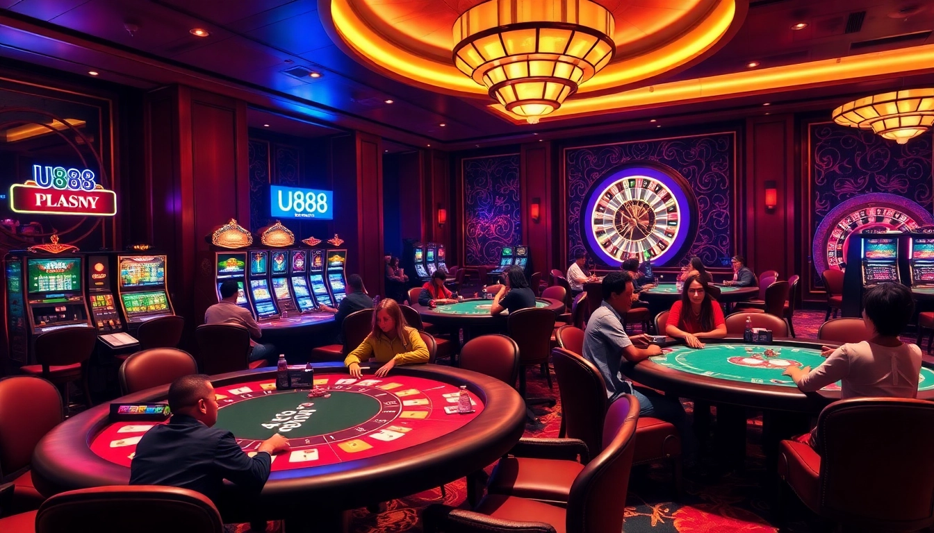 U888 casino scene showcasing poker players and slot machines in a vibrant, luxurious setting.