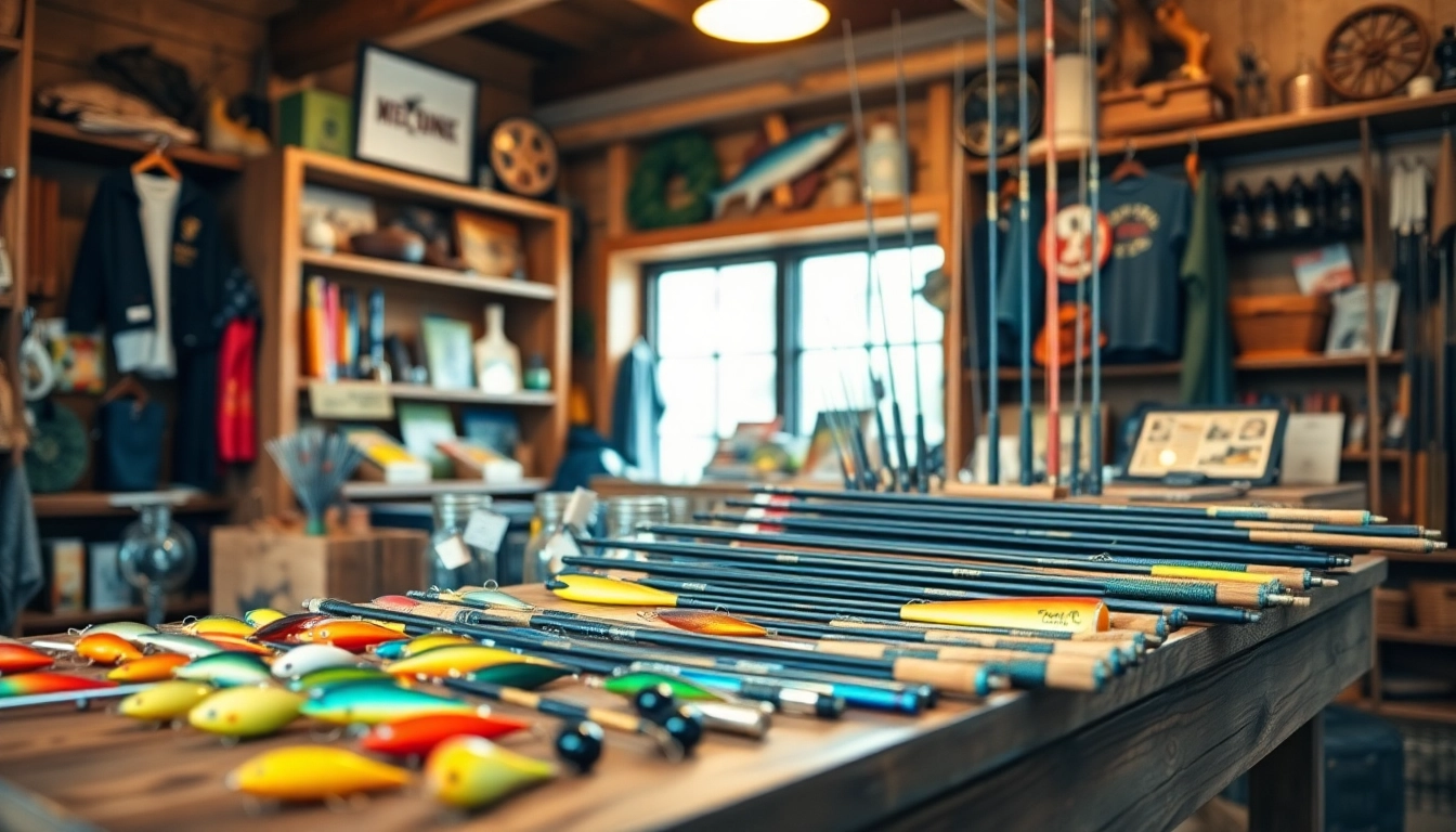 Browse diverse fishing gifts showcasing colorful gear and accessories in a charming shop.