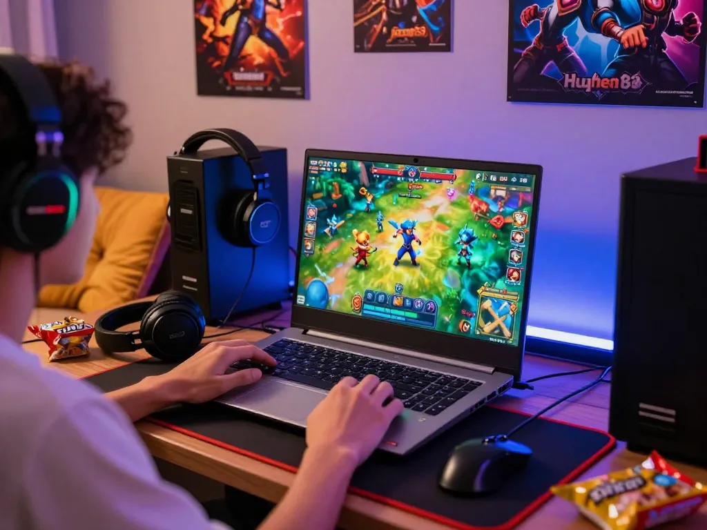 Engaged player enjoying GAME BÀI hubet88 online in a vibrant gaming setup with colorful graphics.