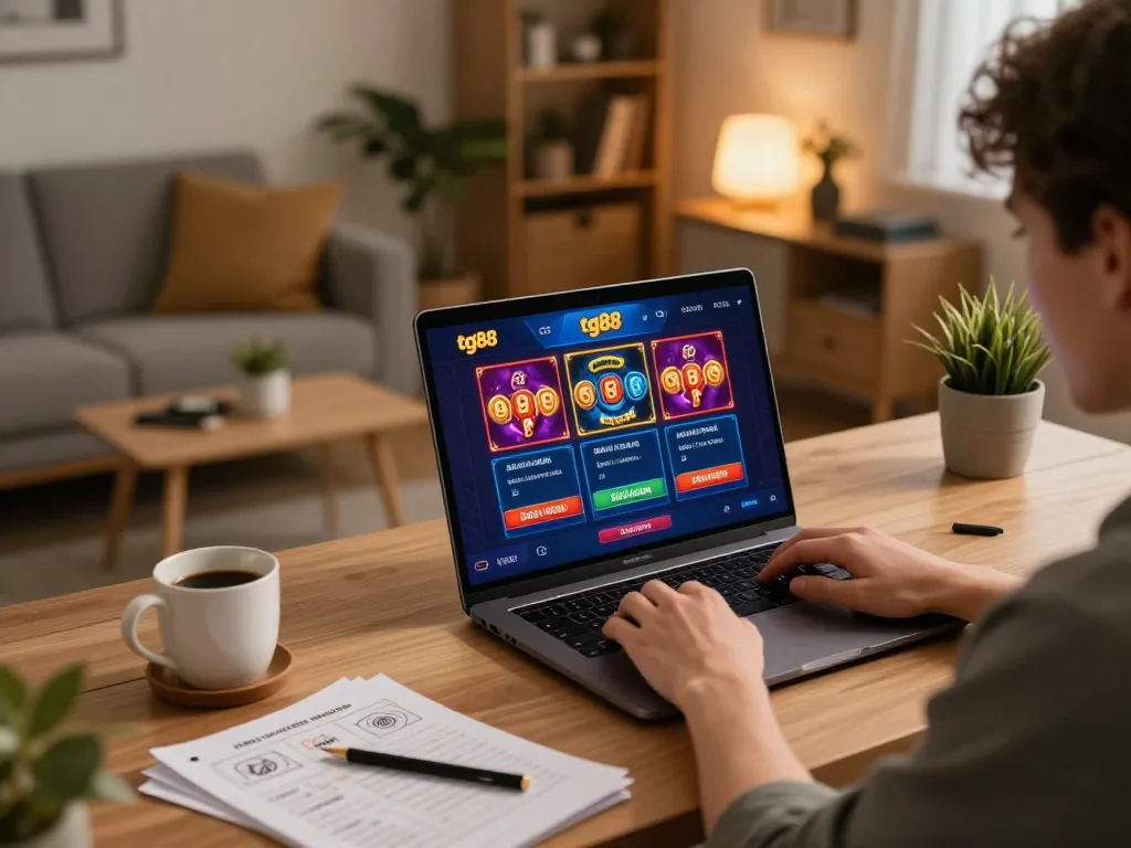 Player enjoying tg88 online casino gaming on a laptop in a cozy home setup