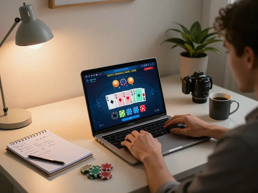 Player enjoying 789club blackjack on laptop, showcasing strategic gameplay in a cozy setting.