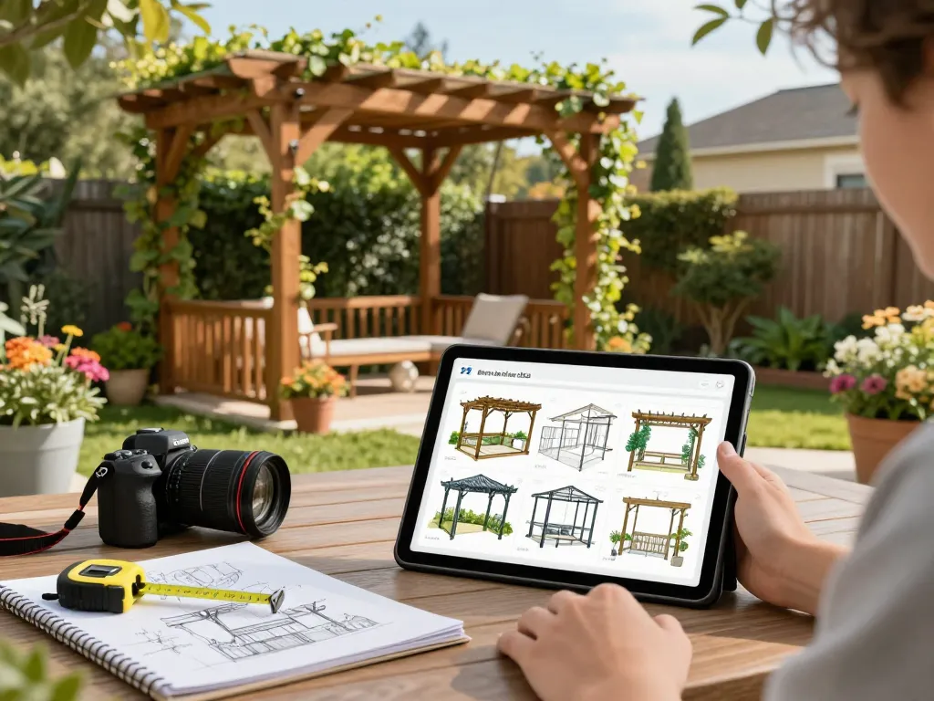 Using a pergola 3D planner to design a beautiful backyard with a wooden pergola and outdoor tools.