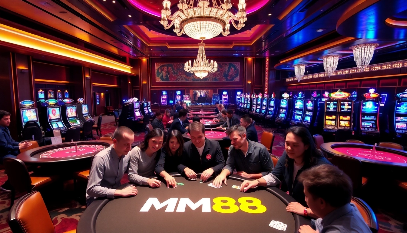 Experience the excitement of MM88 in a luxurious casino scene filled with poker chips and vibrant slot machines.