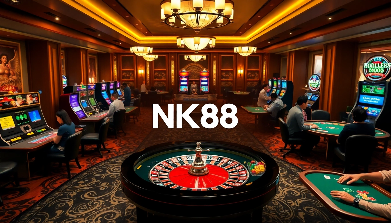 Experience the excitement of NK88 in a vibrant casino scene featuring roulette, poker, and engaging players.