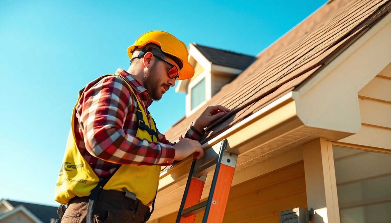 Roofing contractor examining roof structure showcasing expertise and attention to detail.