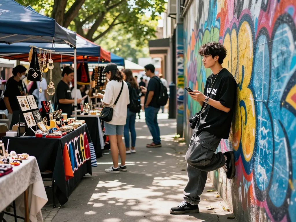 Young shopper exploring stylish 레플리카 fashion items in vibrant urban market setting.