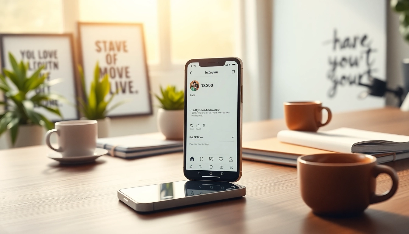 インスタ フォロワー購入 安いで急成長を遂げるスマートフォンの画面とデスクの風景。