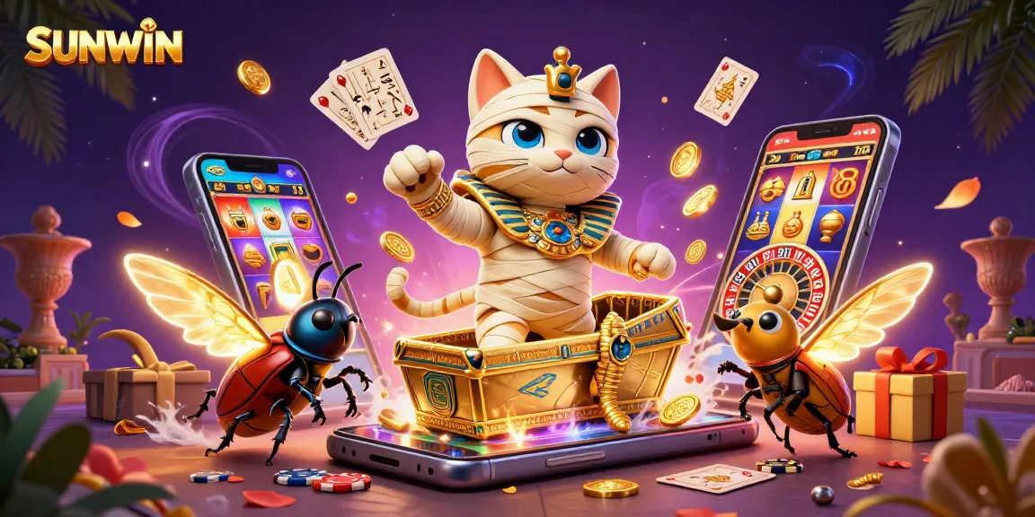 SUNWIN online casino features a vibrant 3D scene with a mummy cat, scarab, and interactive gaming elements.