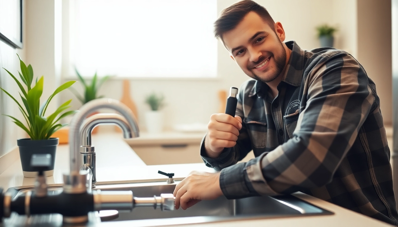 Engaging plumber near me fixing a sink in a bright, modern kitchen.