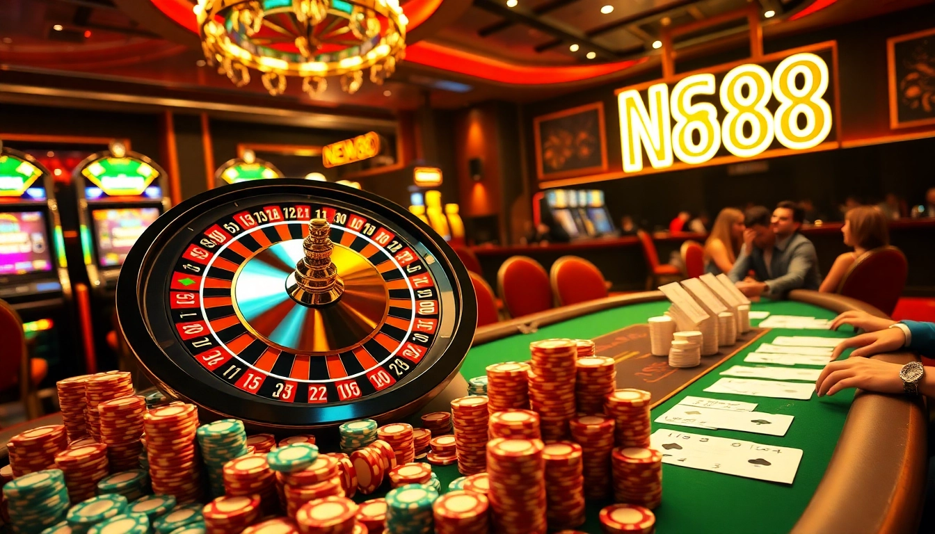 Experience the excitement of NEW 88 with a vibrant casino scene full of poker chips and a roulette wheel.