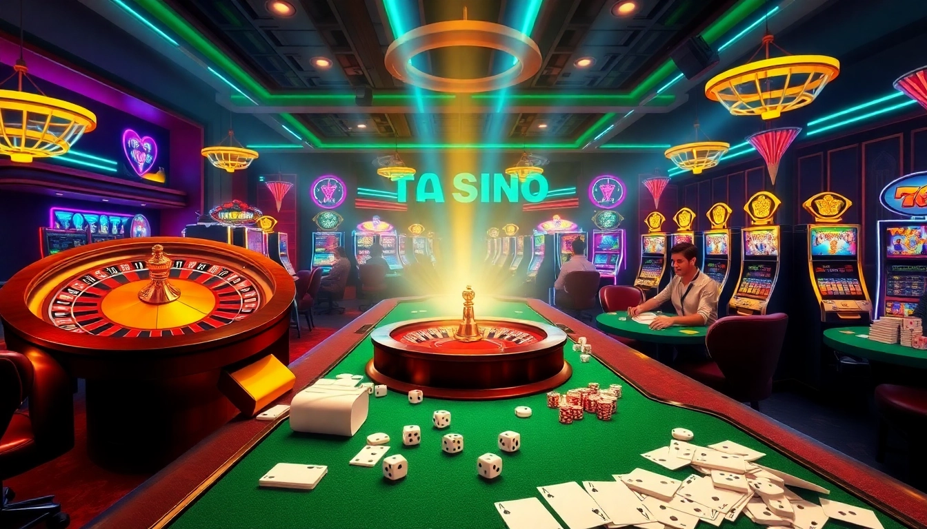 Exciting gambling action at nhà cái tg88 with vibrant slot machines and a roulette wheel.