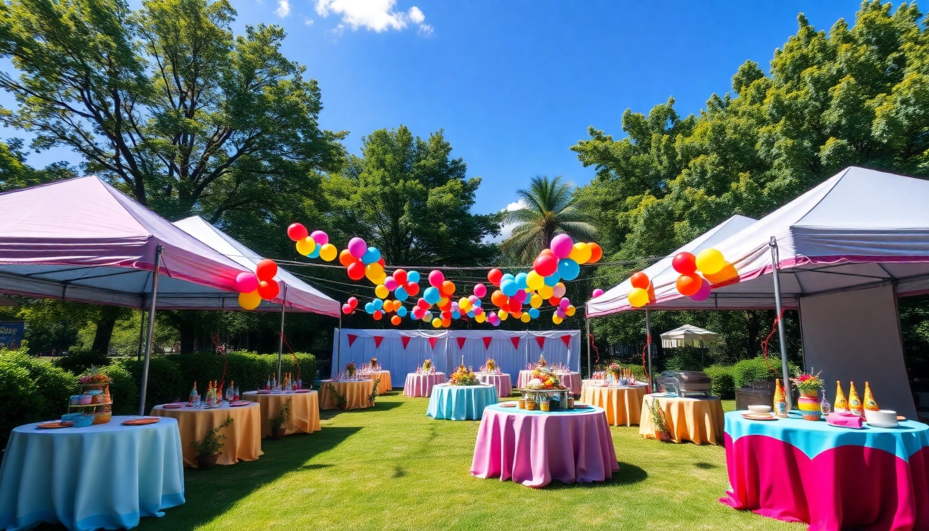 Set up for a joyous outdoor celebration showcasing Party Rentals Near Me with colorful decorations.