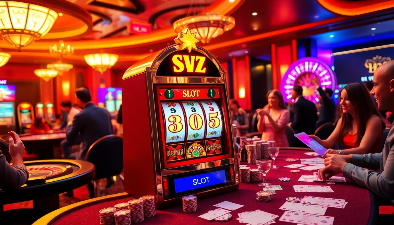 Players winning on the extravagant 365 slot machine surrounded by vibrant casino decor.