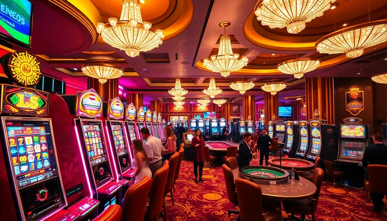 Engaging scene of gamblers at slots and roulette at https://www.superslot365.net/ casino, showcasing excitement and luxury.