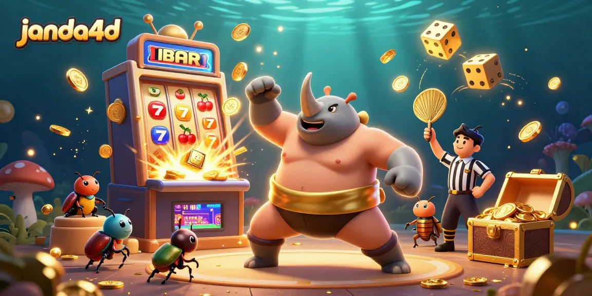 Rasakan keseruan di janda4d dengan ilustrasi slot machine dan kejuaraan serangga di tengah aksi!