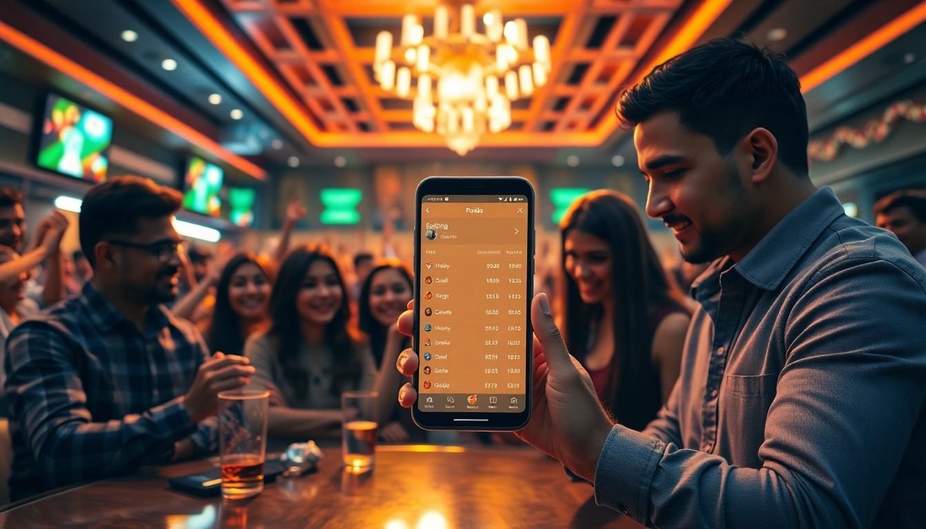 Engaging scene of sports betting in India, with a focus on lively bettors and a smartphone displaying odds.