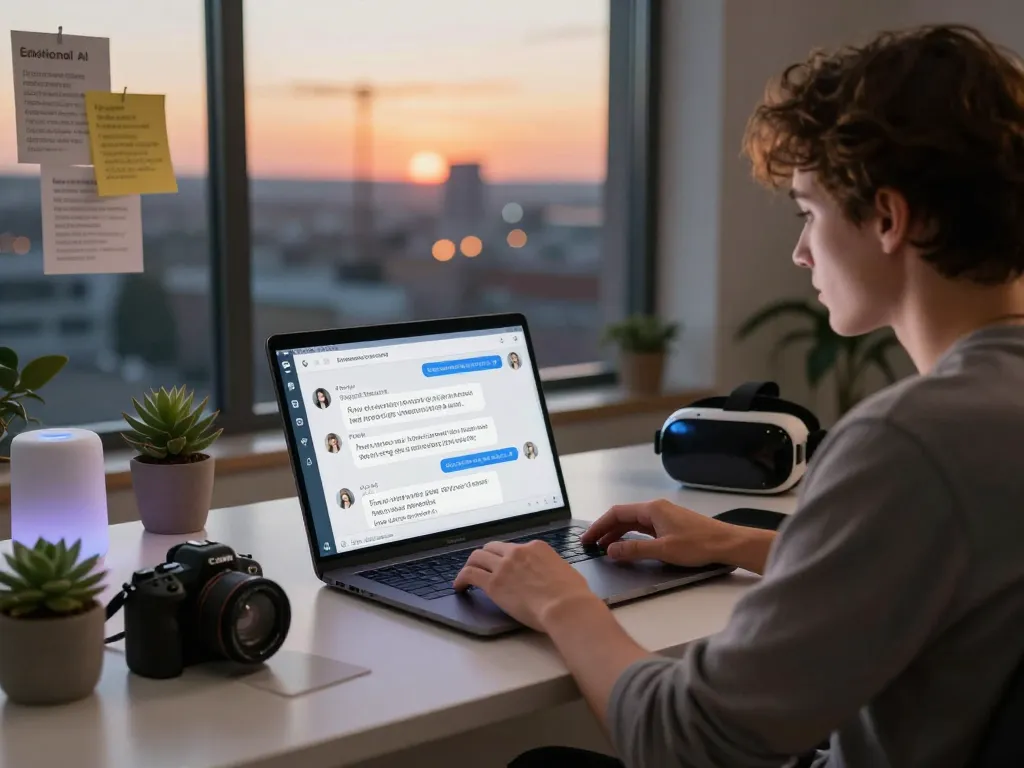 Engaging with sex AI technology on a laptop in a modern workspace with emotional interaction.