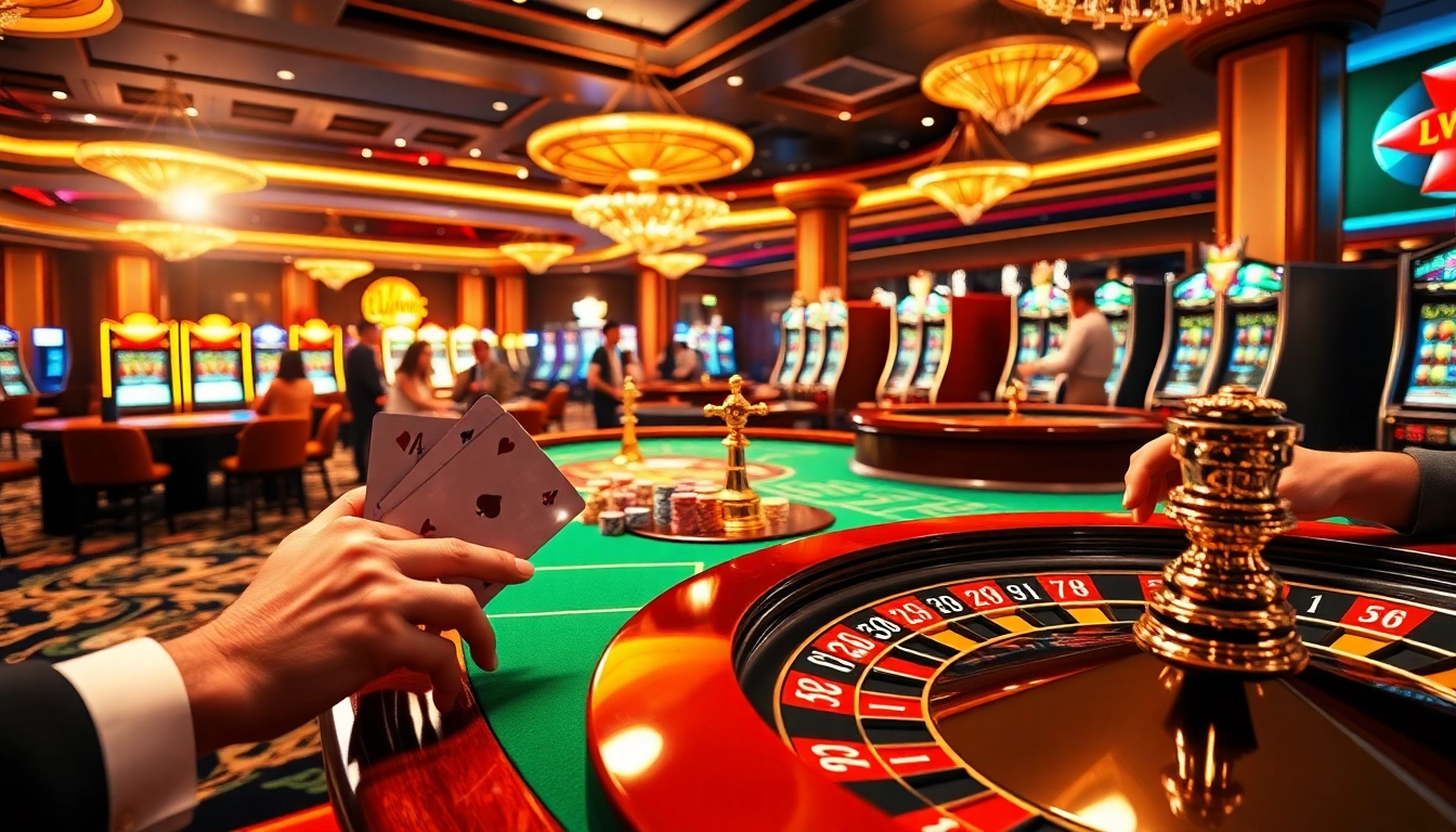 Players experience the excitement of sunwin at the vibrant casino tables with colorful chips and cards.