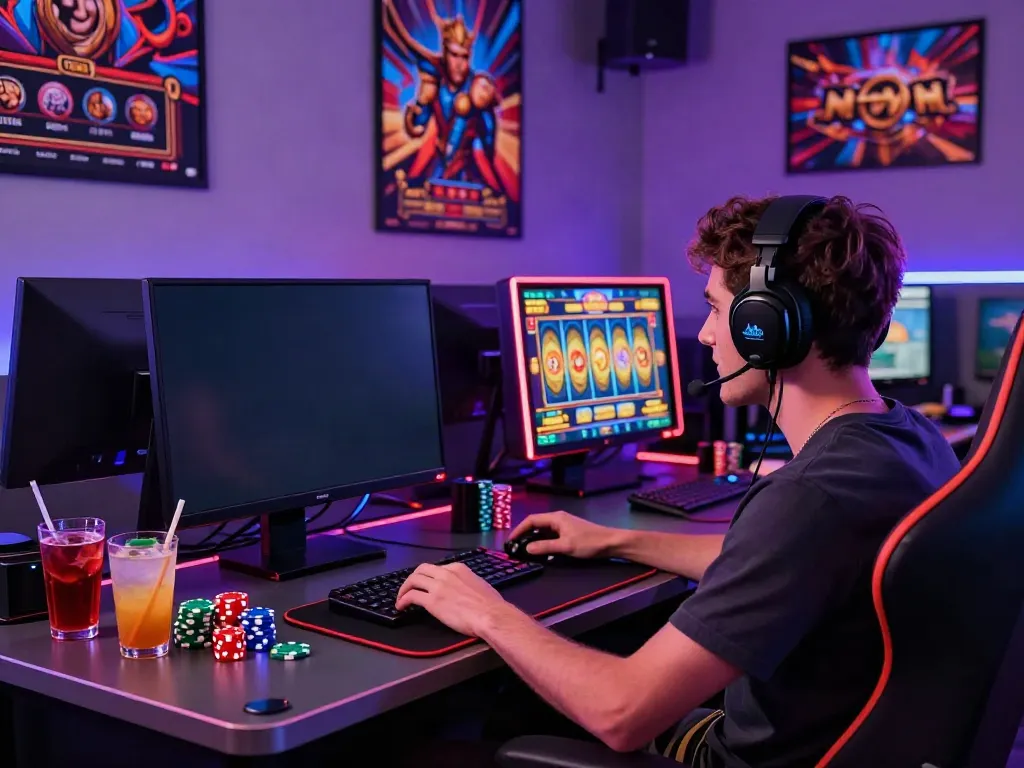 Pengalaman bermain slot777 online yang mengasyikkan dengan pemain antusias di depan layar permainan.