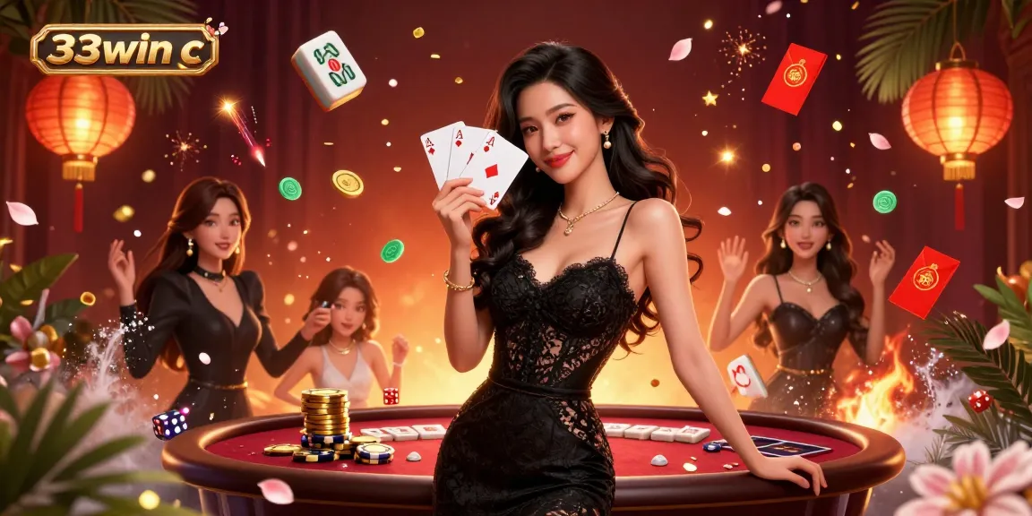 Win big at 33win c with an elegant dealer holding winning poker cards in a luxurious casino setting.