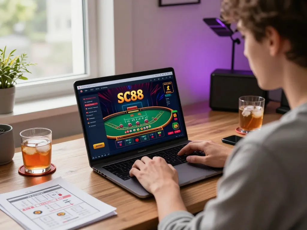 Engaging in a live dealer game on SC88's platform from a cozy home setup.