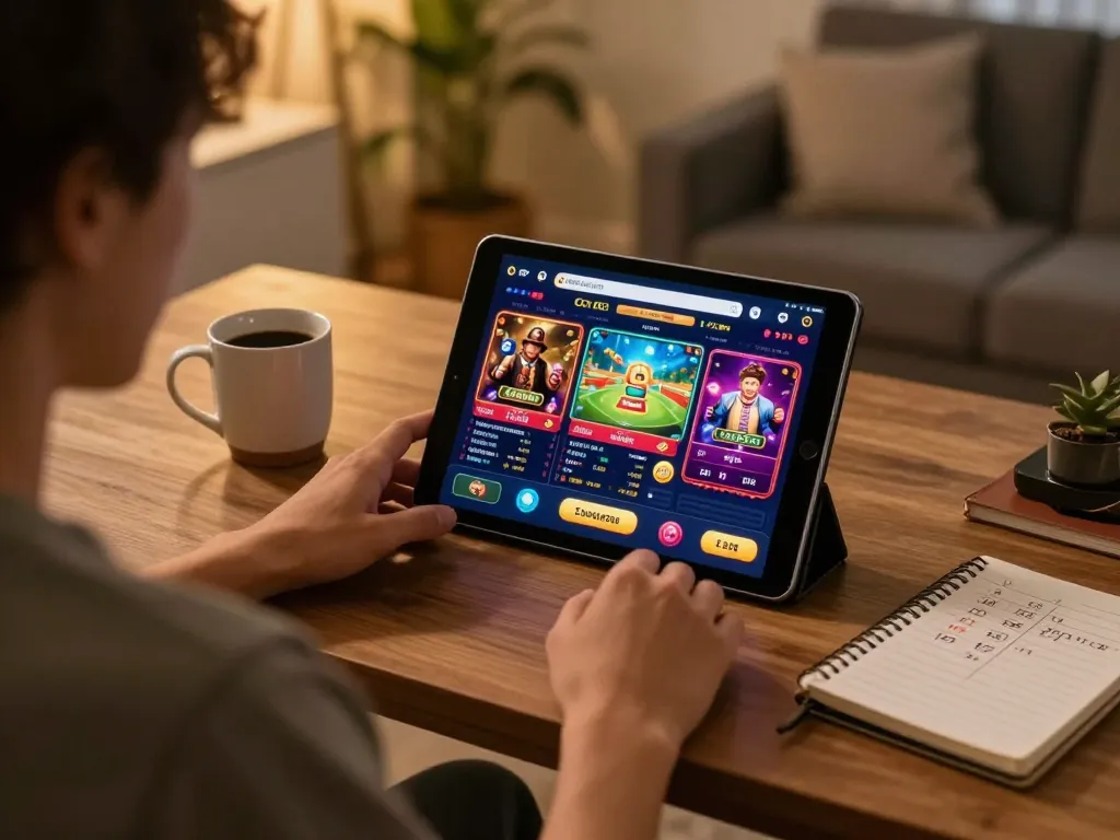 Engaging in online gaming with Đăng nhập cm88 on a tablet, showcasing a vibrant casino atmosphere.