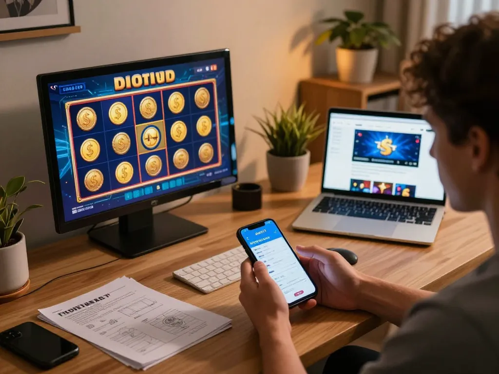 Player engaging with the alexis77 app on a smartphone while surrounded by a cozy home gaming setup.