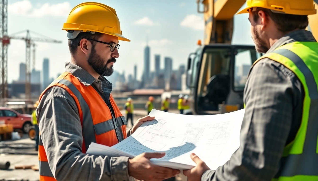 Engaged New York Commercial General Contractor supervising construction with urban skyline.