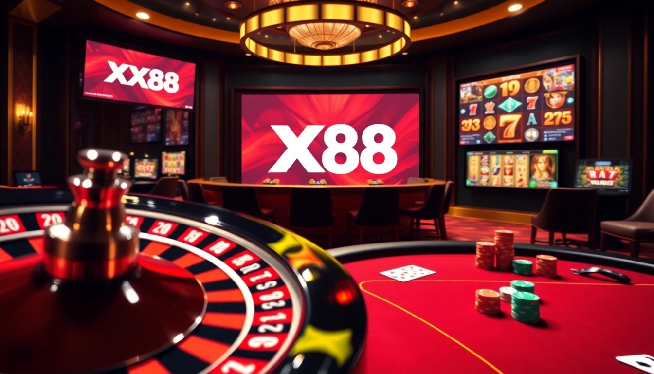 Experience the thrill of gambling at XX88 with a vibrant casino scene featuring roulette, poker, and slot games.