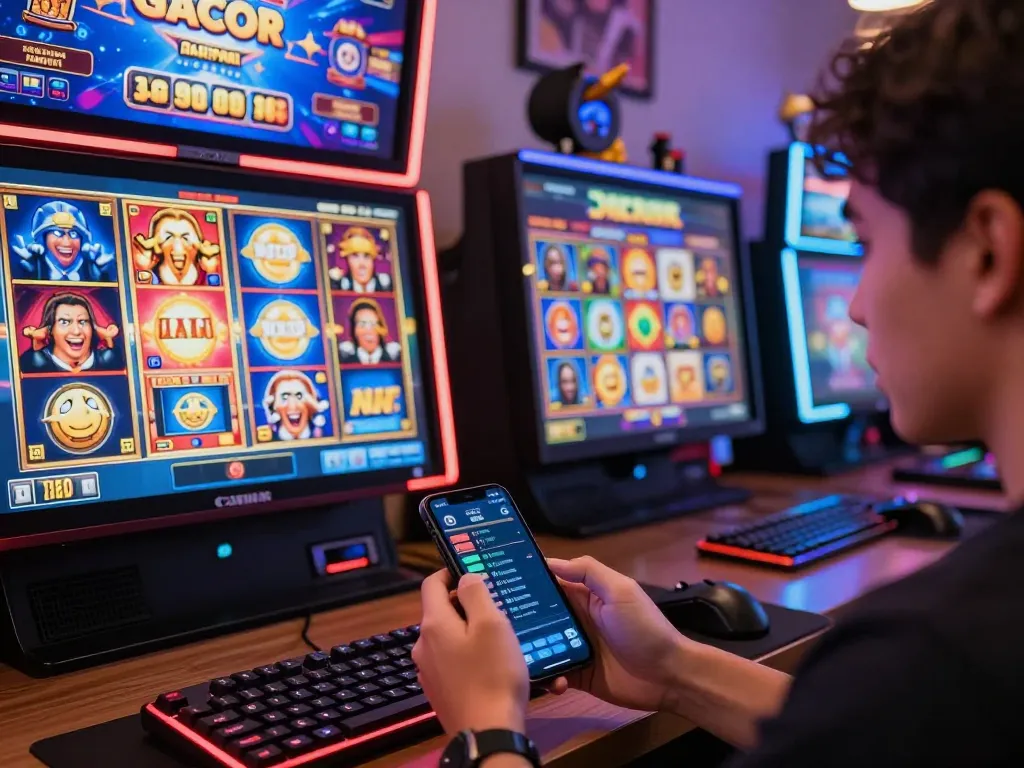 Pemain berinteraksi dengan permainan mesin slot link gacor di suasana ruang permainan yang semarak.
