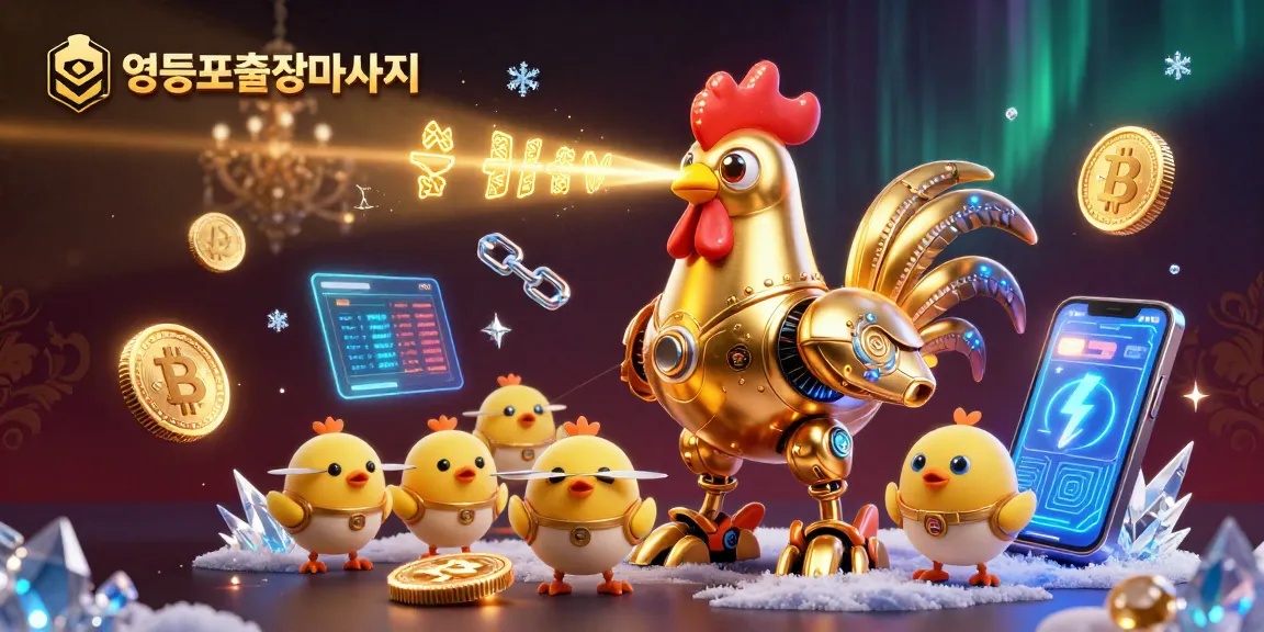 Engage with 영등포출장마사지 in an exciting casino illustration featuring a golden rooster robot and baby chick drones.