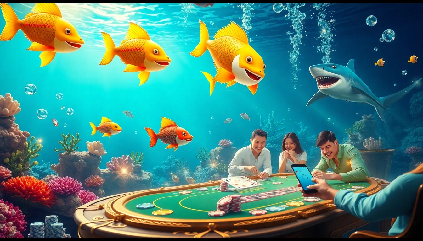Experience the thrill of bắn cá đổi thưởng in a vibrant underwater casino scene with lively fish and colorful gaming elements.