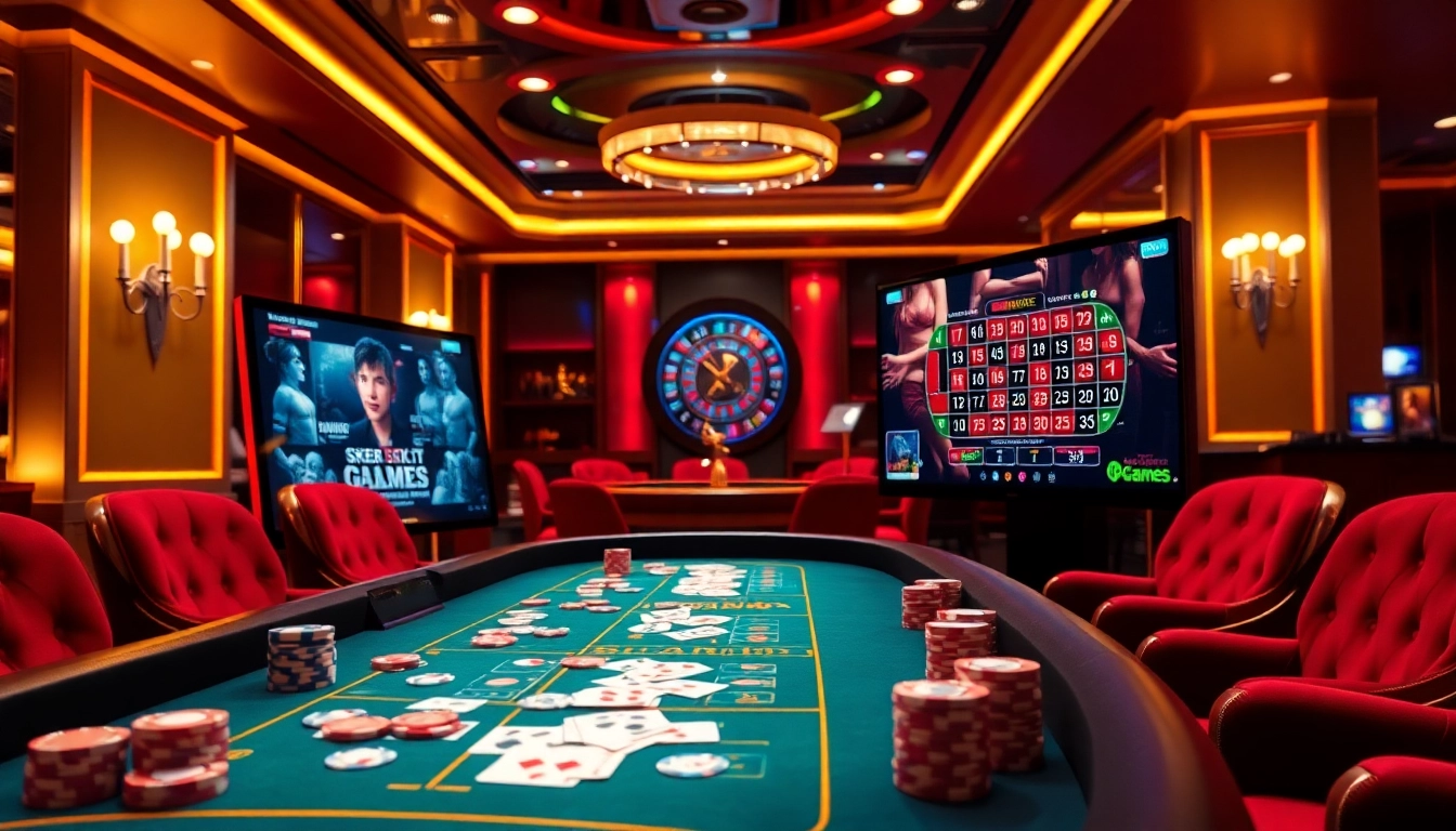 Experience thrilling sex games ai at a luxury casino with vibrant tables and cards.