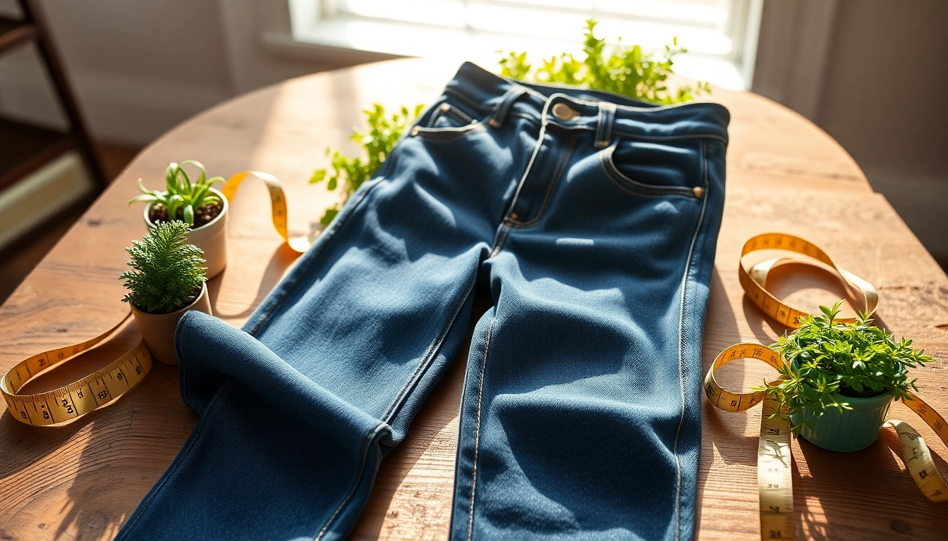 Showcase of sustainable jeans on a rustic table, highlighting eco-friendly fashion choices.