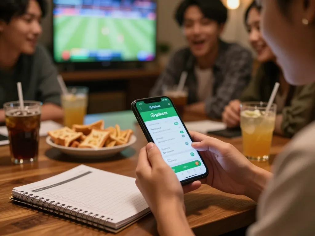 Engaged user placing bets on gojekpot app during a live sports match with friends in a cozy setting.