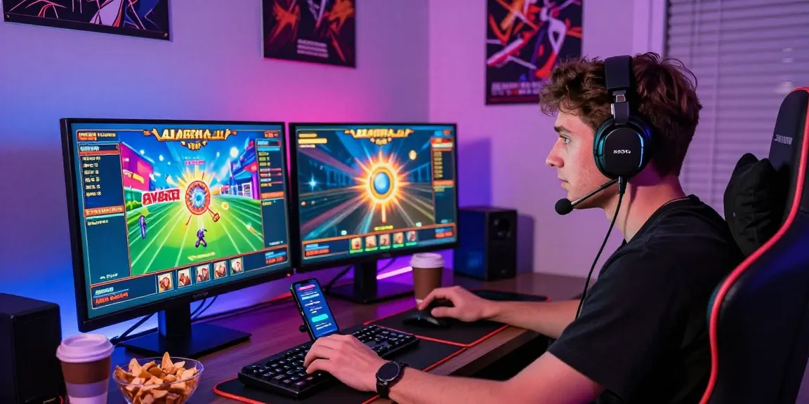 Young man engaged in Aviator Pro crash gaming, showcasing intense focus and vibrant gaming setup.