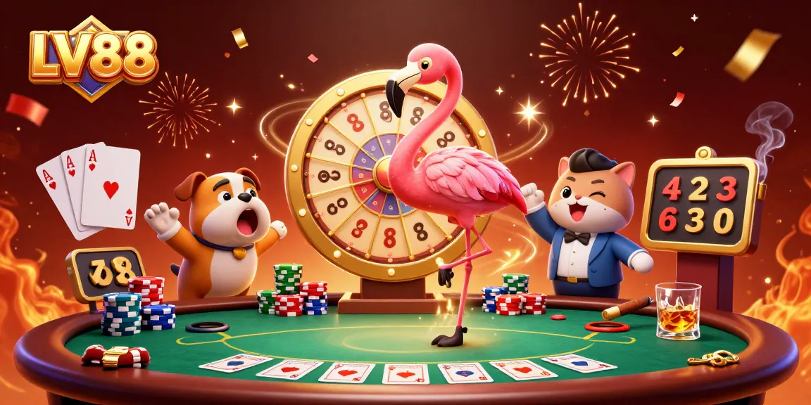 Engage with LV88 excitement as a flamingo host spins a prize wheel surrounded by dynamic gambling elements.
