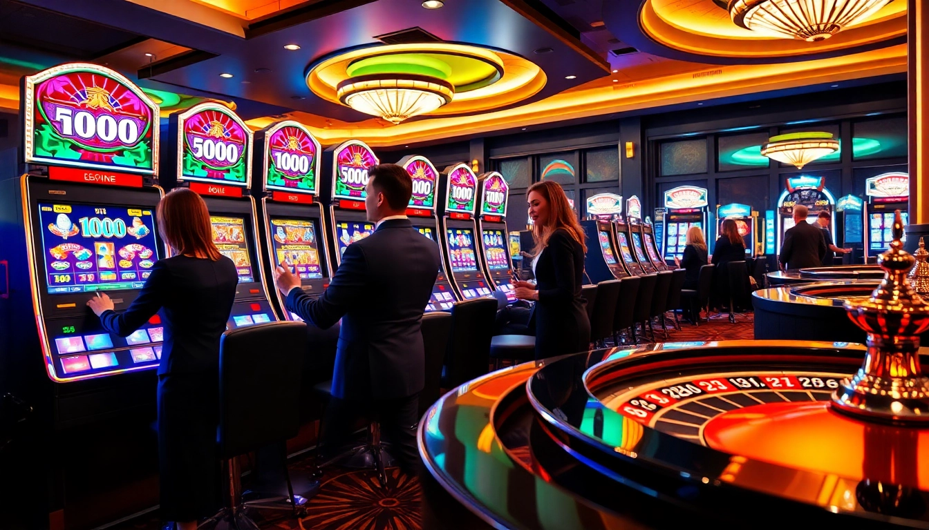 Excited players enjoying slot games with a slot deposit 1000 at a vibrant casino.
