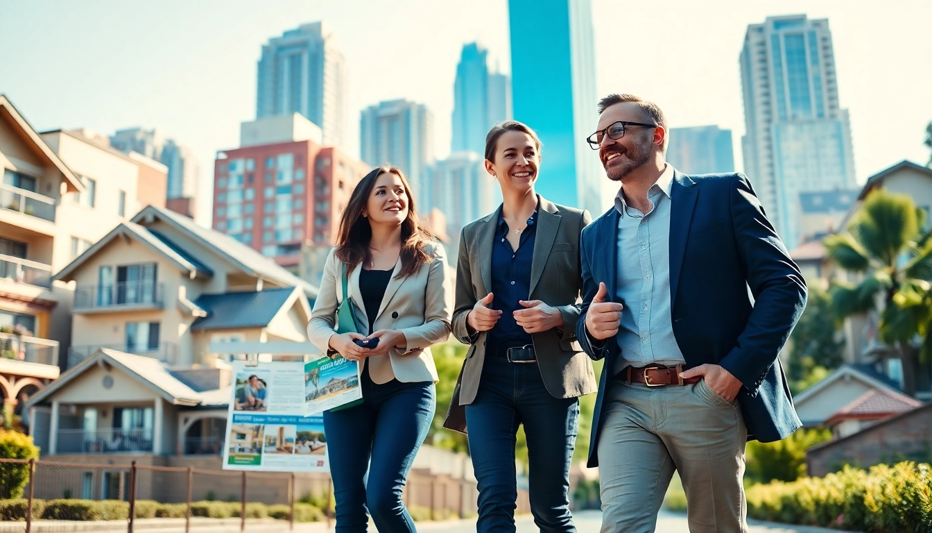 Real Estate agent showcasing diverse homes in a vibrant urban neighborhood.