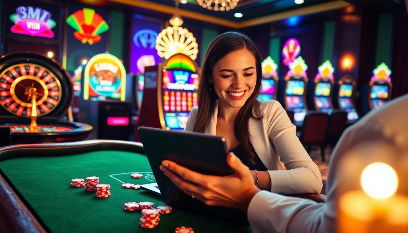 Interface de casino en ligne présentant une roue de roulette vibrante et des machines à sous colorées pour une expérience de jeu ultime.