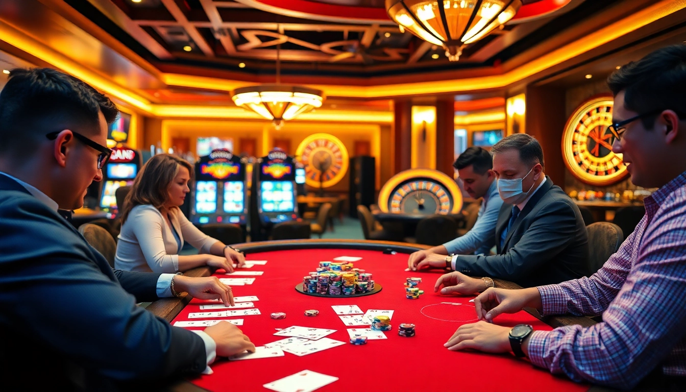 Players engaging at a poker table in a luxurious casino with hidden wiki onion themes.