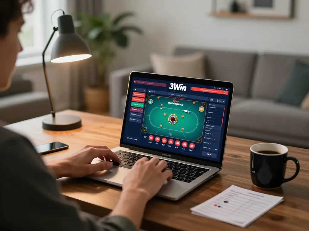 Player engaging with 3Win online casino gaming on a laptop, showcasing the poker interface.