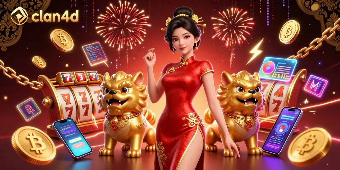 Engage with clan4d's vibrant casino scene featuring a glamorous woman, lucky slots, and cryptographic elements.