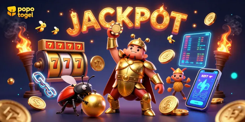 Gambar ilustrasi 3D dari popo togel dengan karakter unik dan elemen permainan yang memikat.