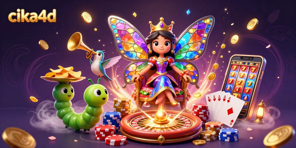 Engage with CIKA4D's vibrant 3D scene featuring a majestic butterfly queen, golden chips, and playful gambling elements.