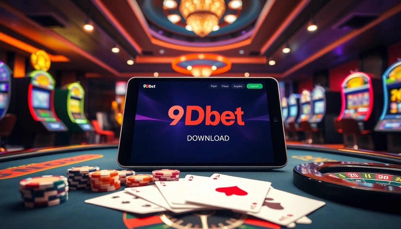 Engage with the thrilling experience of 9Dbet Download on a stylish digital device in a vibrant casino atmosphere.