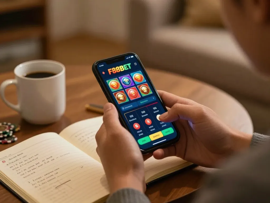 Engaging moment of a player using the F88BET casino app on their smartphone, strategically planning bets in a cozy home setting.