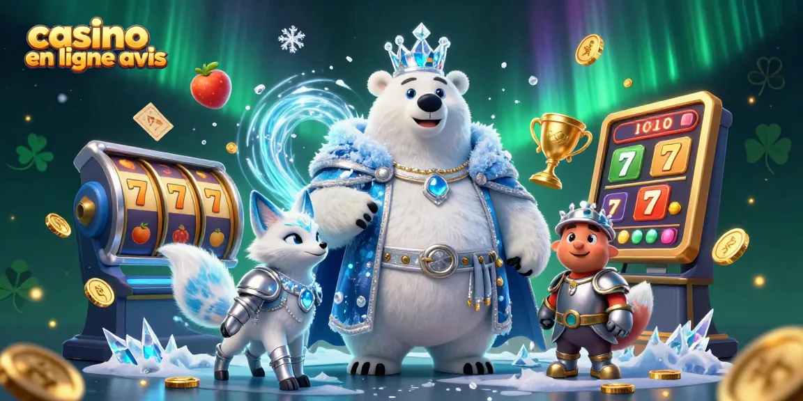 Avis de casino en ligne avec une illustration d'ours polaire et un renard, ambiance festive et gagnante.
