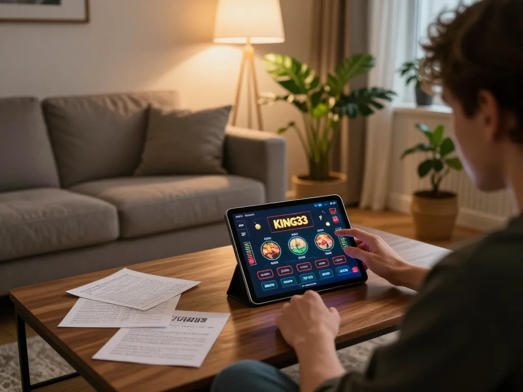 Engaging with the king33 online casino interface on a cozy home tablet setup.